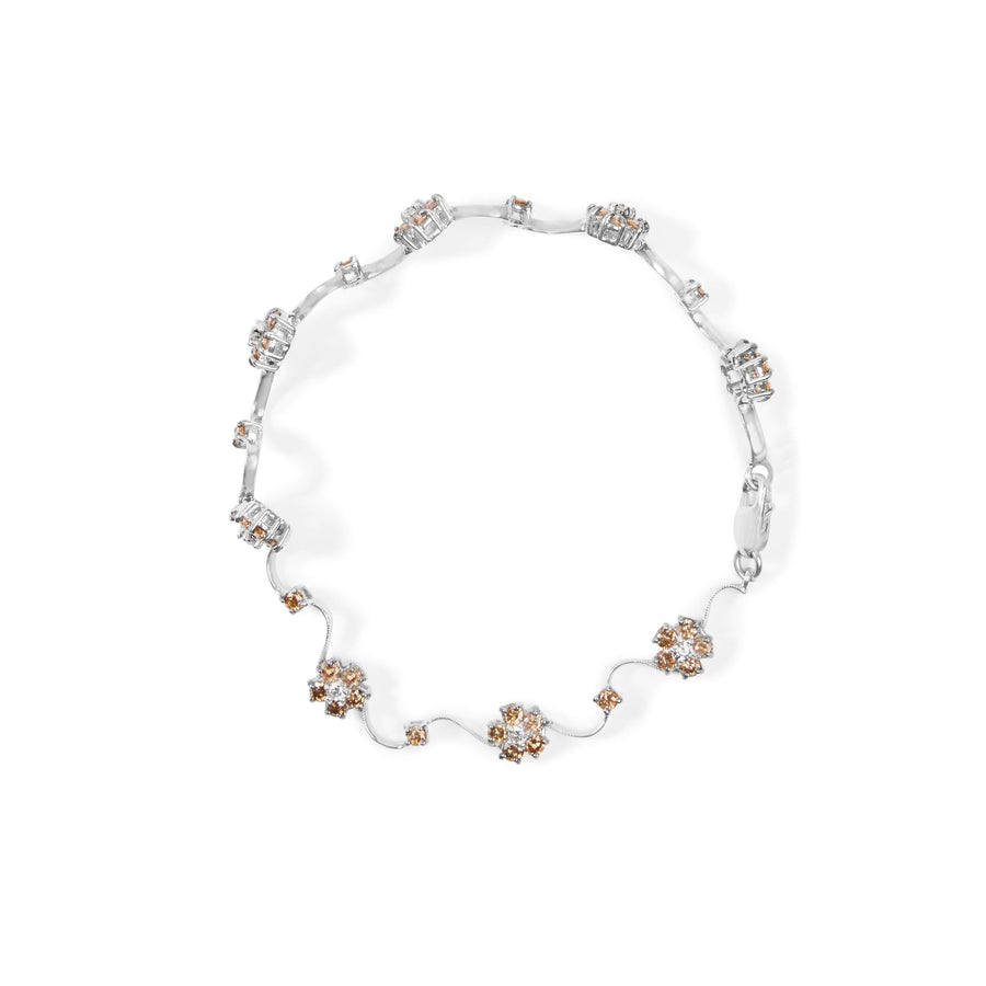 10K White Gold 4.0 Cttw Champagne and White Diamond Floral Cluster and Station Link Bracelet (H-I Color, SI2-I1 Clarity) - 7