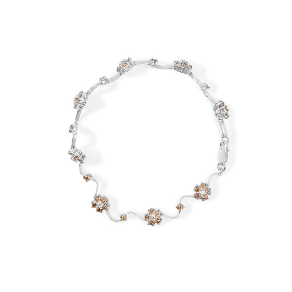 10K White Gold 4.0 Cttw Champagne and White Diamond Floral Cluster and Station Link Bracelet (H-I Color, SI2-I1 Clarity) - 7