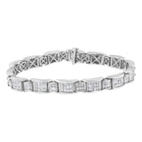 14K white gold tennis bracelet with alternating princess-cut diamond stations thumbnail 1