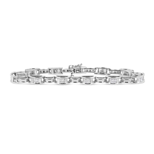 14K White Gold 1.0 Cttw Invisible Set Princess Diamond Alternating Link Tennis Bracelet (I-J Color, I1-I2 Clarity) - 7.25"-0
