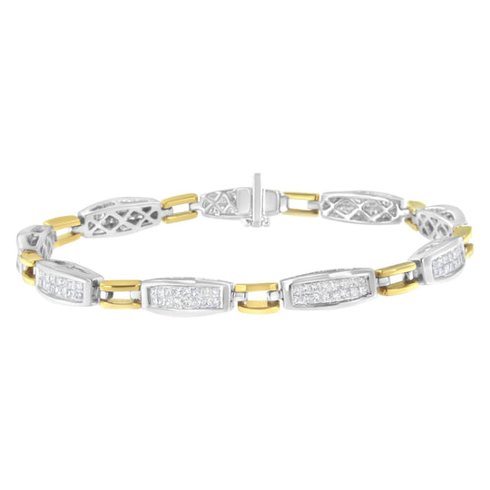 14K white and yellow gold bracelet with princess cut diamond stones