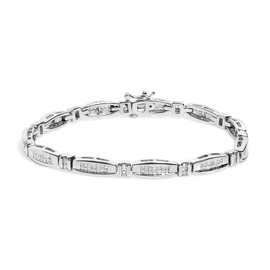 14K White Gold 2.0 Cttw Princess and Round Diamond Bar and Link Bracelet (I-J Color, I1-I2 Clarity) - 7.25
