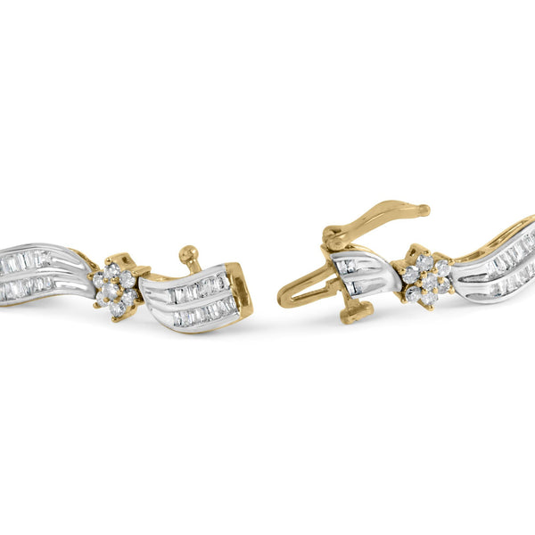 10K Yellow and White Gold 3.00 Cttw Diamond Cluster and Wave Link Bracelet (I-J Color, I1-I2 Clarity) - 7.25