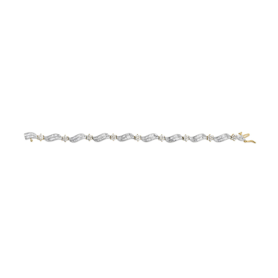 10K Yellow and White Gold 3.00 Cttw Diamond Cluster and Wave Link Bracelet (I-J Color, I1-I2 Clarity) - 7.25