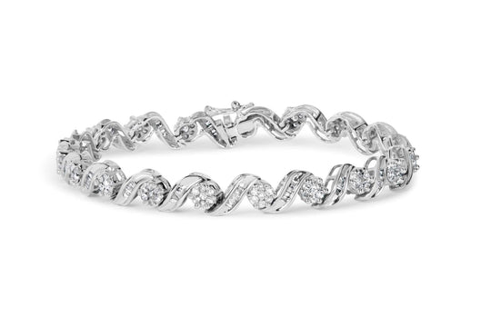 14K white gold bracelet with round diamond cluster and spiral links