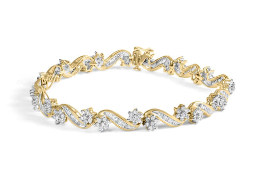 10k Yellow Gold 3.00 Cttw Round-Cut and Baguette-Cut Floral Link 7.25" Bracelet (I-J Color, I1-I2 Clarity)-0