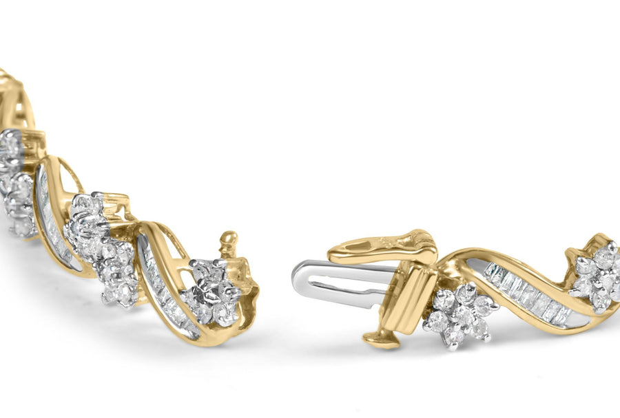 10k Yellow Gold 3.00 Cttw Round-Cut and Baguette-Cut Floral Link 7.25