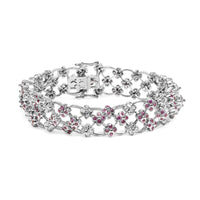 14K White Gold Pink Sapphire and Diamond Floral Lattice Link Bracelet - 7.25