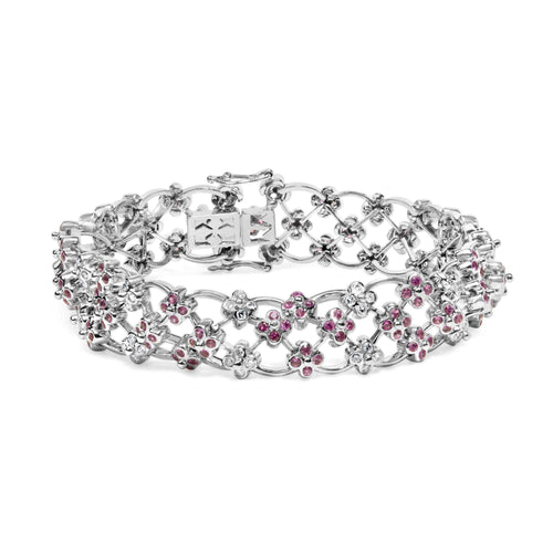 14K White Gold Pink Sapphire and Diamond Floral Lattice Link Bracelet - 7.25