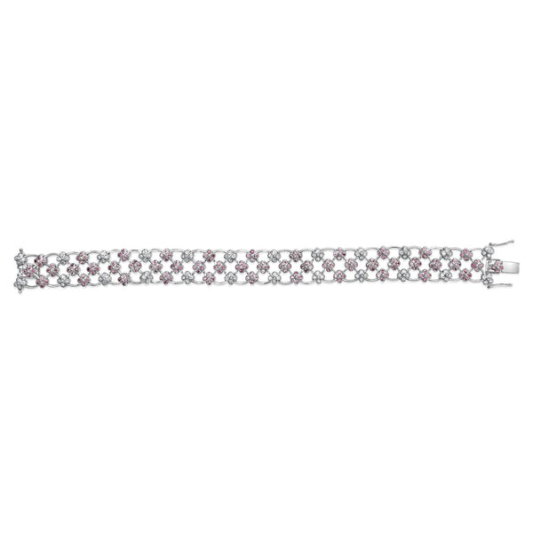 14K White Gold Pink Sapphire and Diamond Floral Lattice Link Bracelet - 7.25