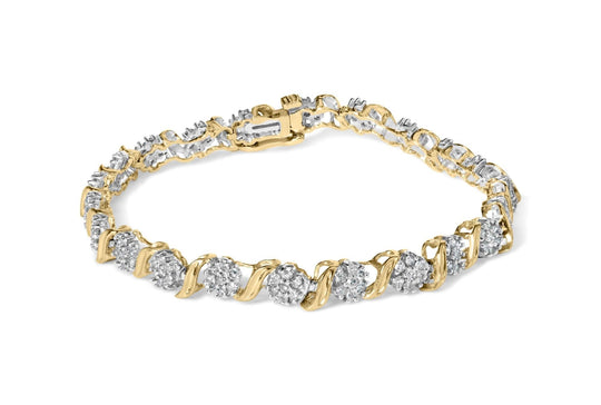 10K yellow gold bracelet with round diamond stones in an 'S' cluster
