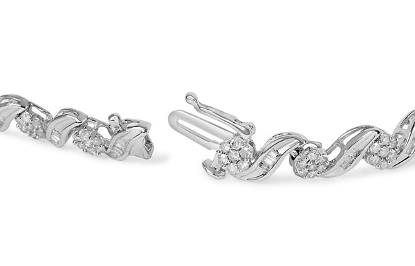 10K White Gold 2.00 Cttw Round-Cut and Baguette-Cut Diamond Floral Design Swirl Link 7