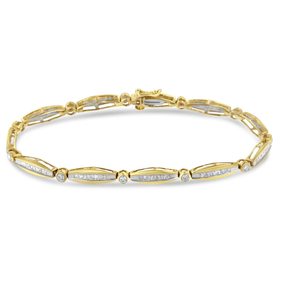 14K Yellow Gold 1-1/2 Cttw Round Brilliant-Cut & Baguette Cut Diamond Bezel and Tapered Link 7