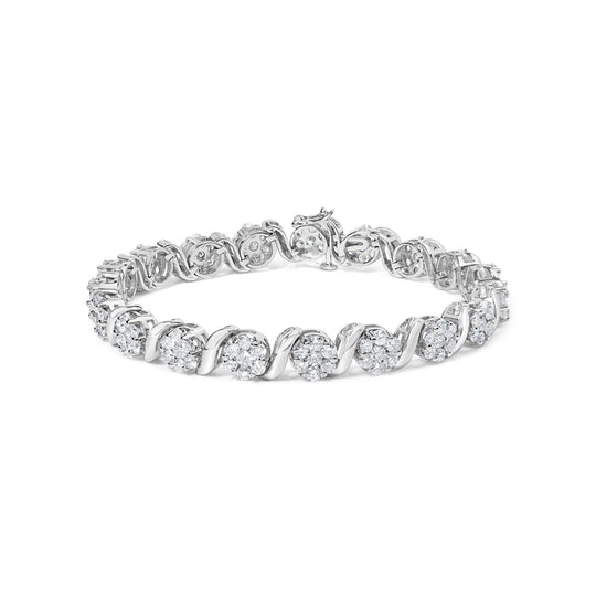 14K white gold bracelet with round brilliant diamond floral clusters and S links