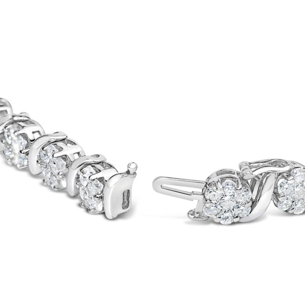 14K White Gold 7 3/8 Cttw Round Brilliant Diamond Floral Cluster and S Link Bracelet (H-I Color, SI2-I1 Clarity) - 7