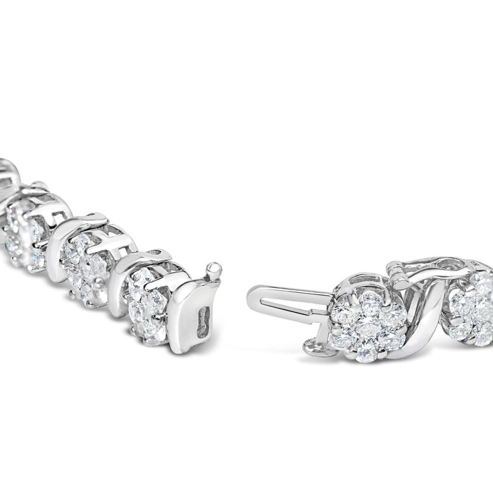 14K White Gold 7 3/8 Cttw Round Brilliant Diamond Floral Cluster and S Link Bracelet (H-I Color, SI2-I1 Clarity) - 7