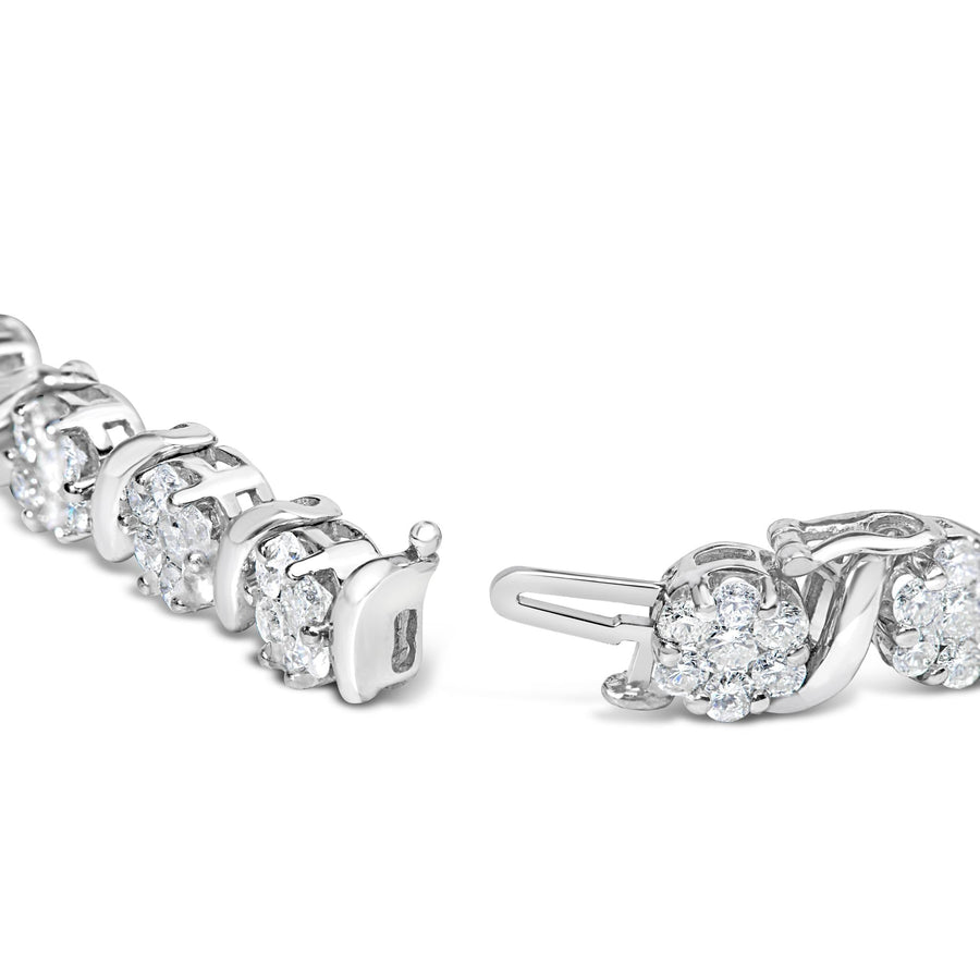 14K White Gold 7 3/8 Cttw Round Brilliant Diamond Floral Cluster and S Link Bracelet (H-I Color, SI2-I1 Clarity) - 7