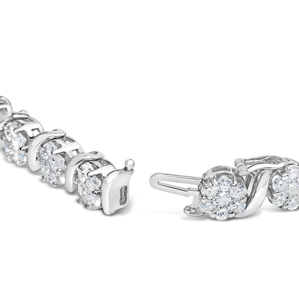 14K White Gold 7 3/8 Cttw Round Brilliant Diamond Floral Cluster and S Link Bracelet (H-I Color, SI2-I1 Clarity) - 7