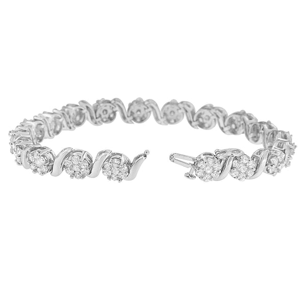 14K White Gold 7 3/8 Cttw Round Brilliant Diamond Floral Cluster and S Link Bracelet (H-I Color, SI2-I1 Clarity) - 7