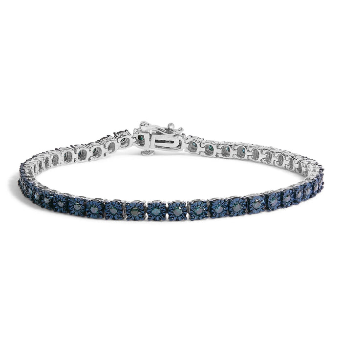 Black Rhodium Plated .925 Sterling Silver 1.0 Cttw Diamond Miracle Tennis Bracelet (Enhanced Blue Color, I3 Clarity) - 7
