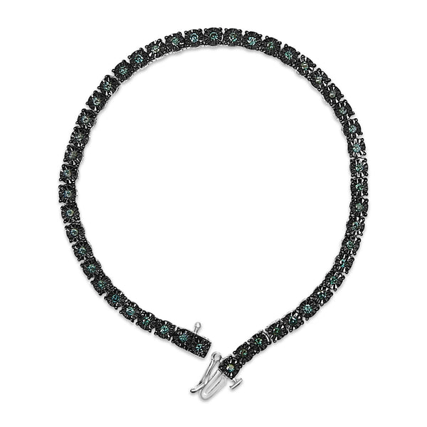 Black Rhodium Plated .925 Sterling Silver 1.0 Cttw Diamond Miracle Tennis Bracelet (Enhanced Blue Color, I3 Clarity) - 7