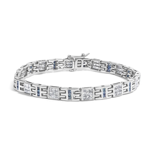 14K white gold bracelet with princess-cut white and blue diamond stones