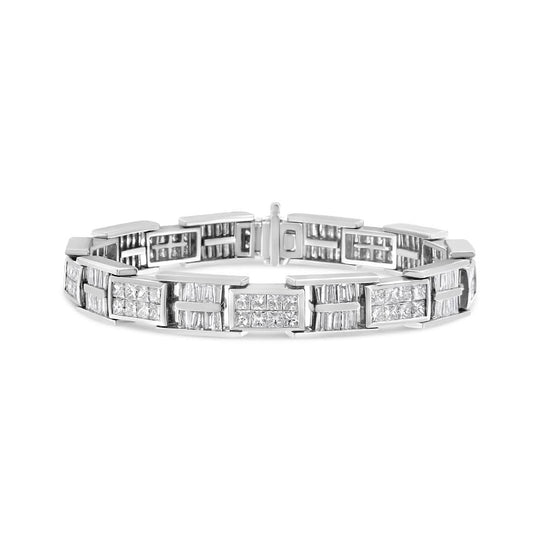 14K white gold panel link bracelet with round diamond stones