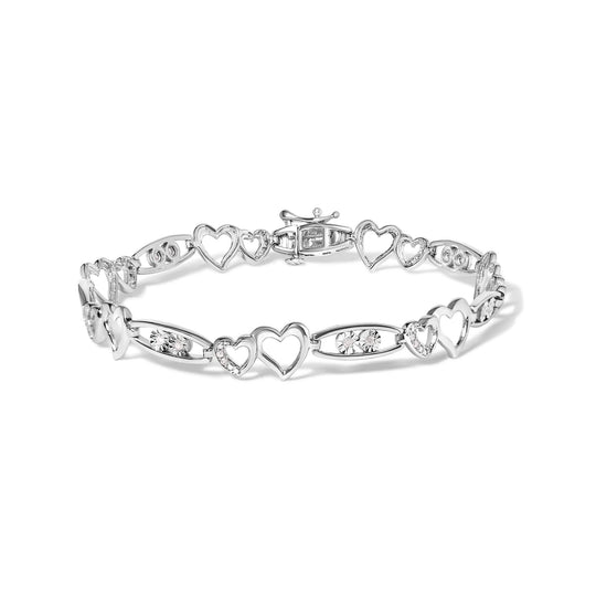 925 Sterling Silver 1/5 Cttw Diamond Double Heart Link Bracelet (I-J Color, I3 Clarity) - 7.25" Inches-0