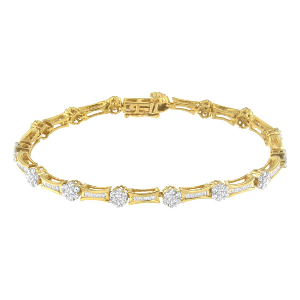 10K Yellow and White Gold 2.00 cttw Round and Baguette-Cut Diamond Link Bracelet (I-J Color, I2-I3 Clarity) - Size 7.25