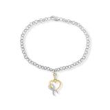 10K yellow gold bracelet with heart diamond stones on silver rolo chain thumbnail 1