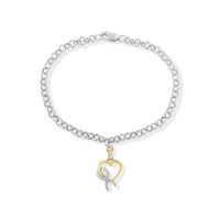 10K Yellow Gold 1/10 Cttw Diamond Awareness Ribbon & Heart Charm on 7