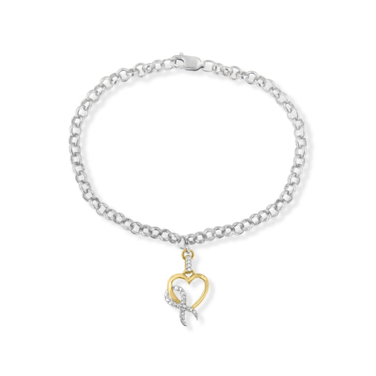 10K Yellow Gold 1/10 Cttw Diamond Awareness Ribbon & Heart Charm on 7" .925 Sterling Silver Rolo Bracelet (H-I Color, I1-I2 Clarity)-0