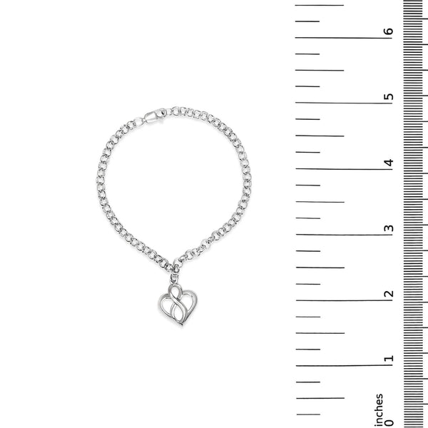 .925 Sterling Silver Open Heart with Center Vertical Infinity Chain Charm Bracelet - Size 7