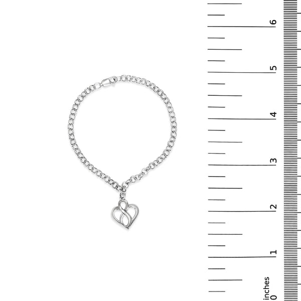.925 Sterling Silver Open Heart with Center Vertical Infinity Chain Charm Bracelet - Size 7