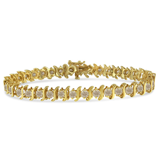10K Yellow Gold Plated .925 Sterling Silver 7.0 cttw 2-Prong Set Round Brilliant Cut Diamond "S" Link Bracelet (J-K color, I1-I2 clarity) - 7"-0