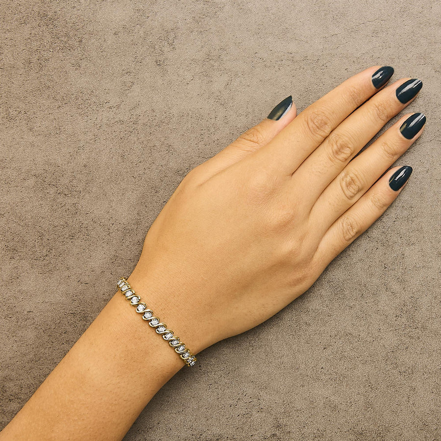 14K Yellow Gold Plated .925 Sterling Silver 1/2 Cttw Round Miracle-Set Diamond S-Curve Tennis Bracelet (I-J Color, I3 Clarity) - 7