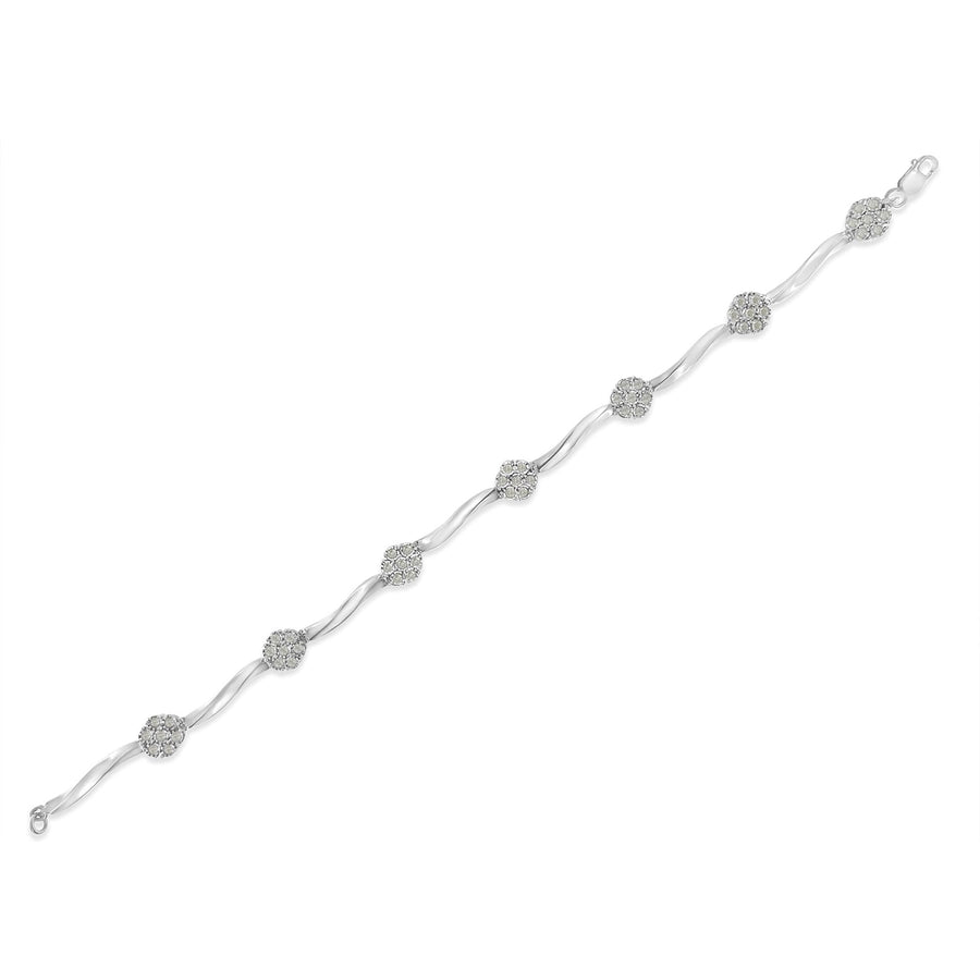 .925 Sterling Silver 1.0 cttw Miracle-Set Diamond 7 Stone Floral Cluster Link Bracelet (I-J Color, I3 Clarity) -7