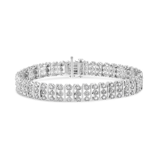 .925 Sterling Silver 1.00 Cttw Diamond Multi Row Heart Link Bracelet (H-I Color, I1-I2 Clarity) - 7.25" Inches-0