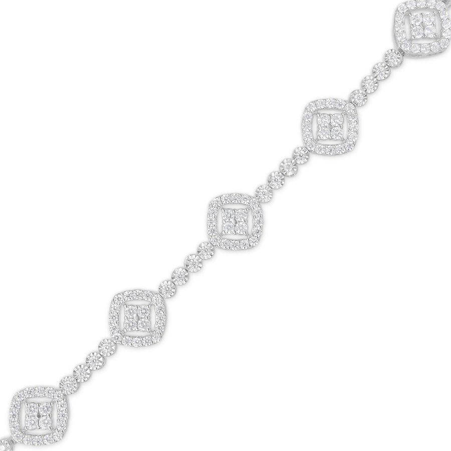 .925 Sterling Silver 3.0 Cttw Diamond Halo Square Shape Link Bracelet (I-J Color, I3 Clarity) - 7.25
