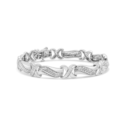 .925 Sterling Silver 1 3/4 Cttw Diamond Wave and X Link Tennis Bracelet (I-J Color, I3 Clarity) - 7"-0