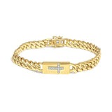 14K yellow gold Cuban link cross bracelet with inlaid diamond accent stones thumbnail 1