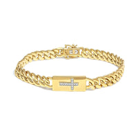 14K Yellow Gold Plated .925 Sterling Silver Diamond Accent Inlaid Cross Cuban Link Bracelet (I-J Color, I3 Clarity)-  7.25