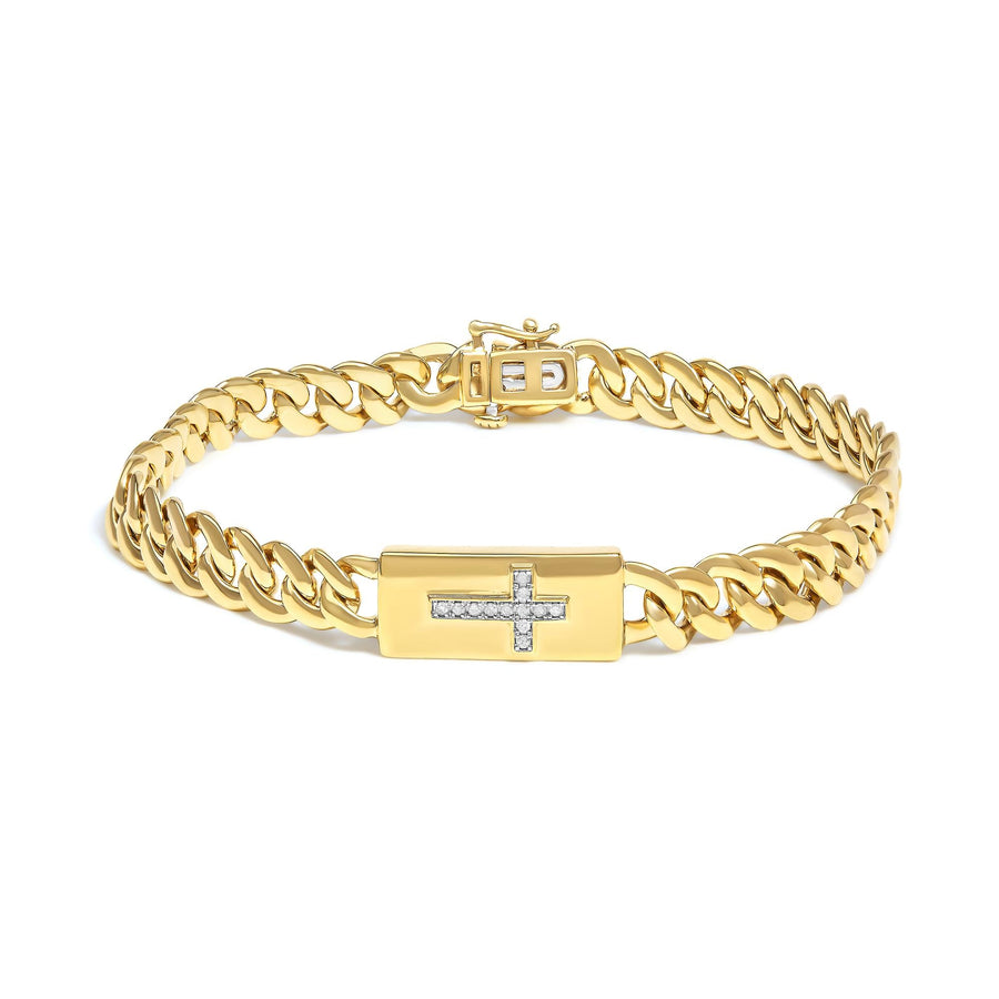 14K Yellow Gold Plated .925 Sterling Silver Diamond Accent Inlaid Cross Cuban Link Bracelet (I-J Color, I3 Clarity)-  7.25