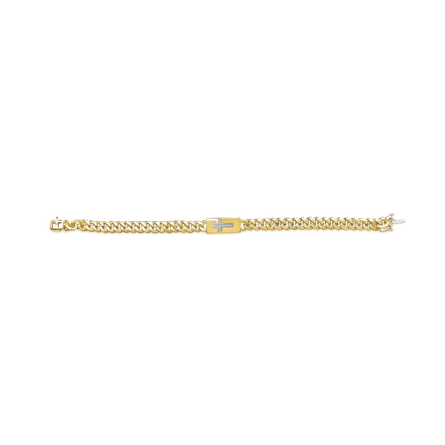 14K Yellow Gold Plated .925 Sterling Silver Diamond Accent Inlaid Cross Cuban Link Bracelet (I-J Color, I3 Clarity)-  7.25