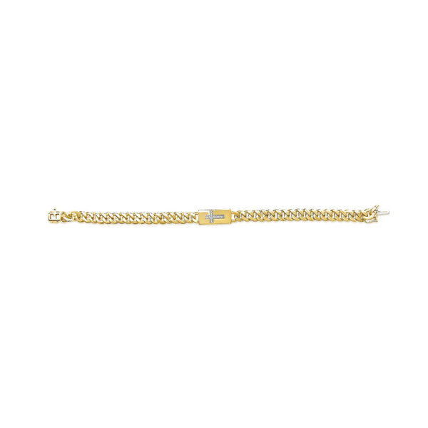 14K Yellow Gold Plated .925 Sterling Silver Diamond Accent Inlaid Cross Cuban Link Bracelet (I-J Color, I3 Clarity)-  7.25