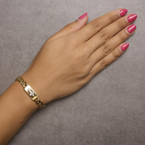 14K Yellow Gold Plated .925 Sterling Silver Diamond Accent Inlaid Cross Cuban Link Bracelet (I-J Color, I3 Clarity)-  7.25