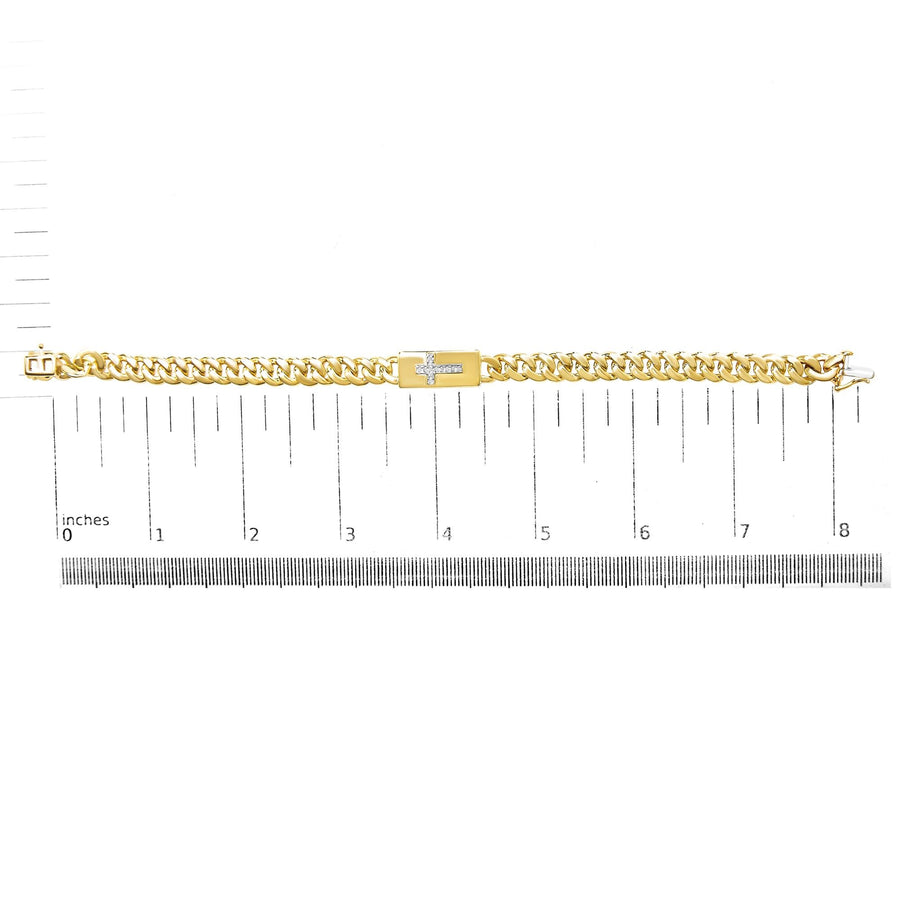 14K Yellow Gold Plated .925 Sterling Silver Diamond Accent Inlaid Cross Cuban Link Bracelet (I-J Color, I3 Clarity)-  7.25