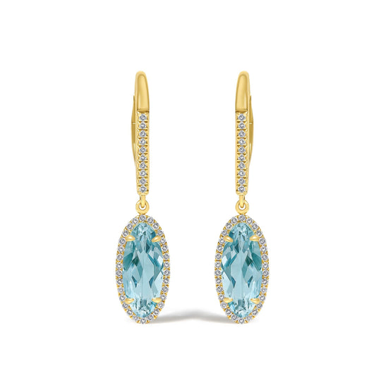 10K Yellow Gold Oval Blue Topaz and 1/3 Cttw Diamond Halo Leverback Drop Earrings