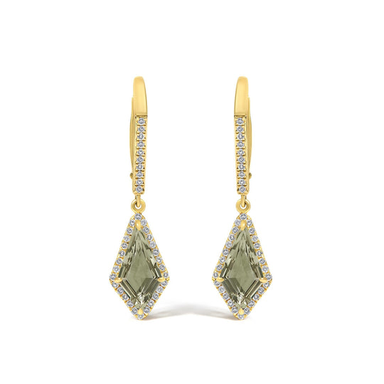 10K Yellow Gold Kite-Shaped Green Prasiolite and 1/3 Cttw Diamond Halo Drop Earrings