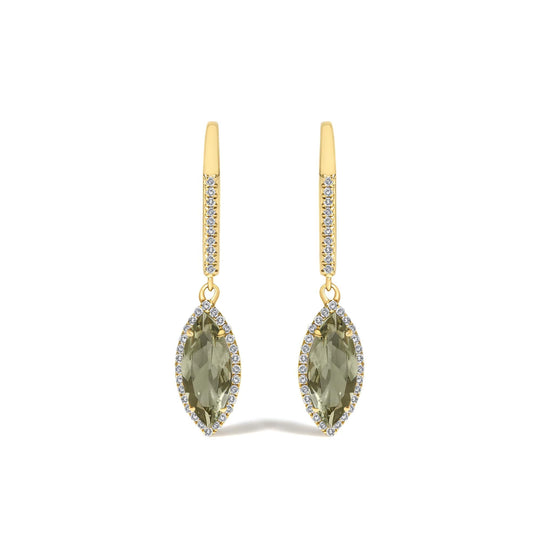 10K Yellow Gold Marquise Green Prasiolite and 1/3 Cttw Diamond Halo Leverback Drop Earrings